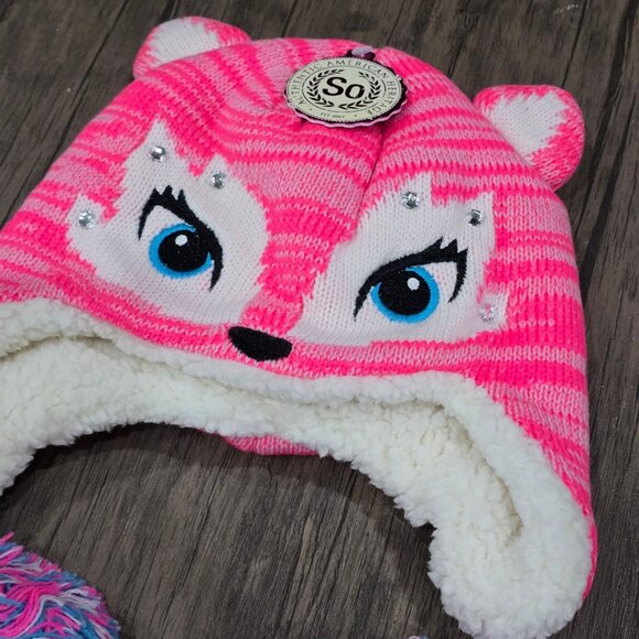 SO ✦ Pink Fox Critter Hat ✦ Kids Fleece-Lined Pom Ears Striped Winter Beanie S - Picture 3 of 10